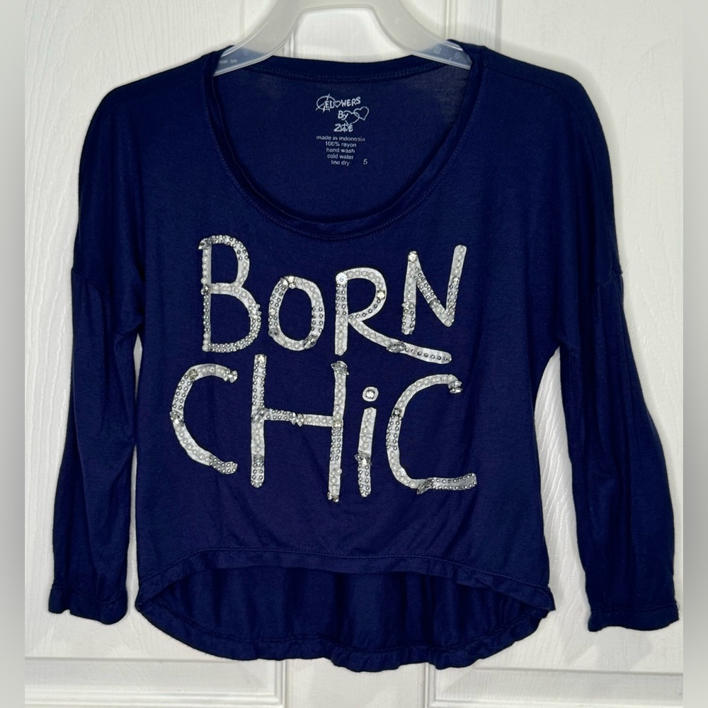 Flowers By Zoe Blue Born Chic Rhinestones & Pearls Hi-Lo 3/4 Sleeve Blouse. Sz 5